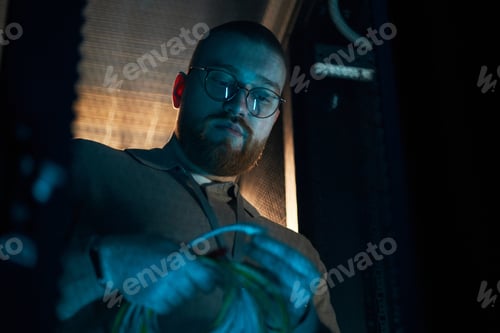 Preview: Man Working in Server Room Handling Network Cables