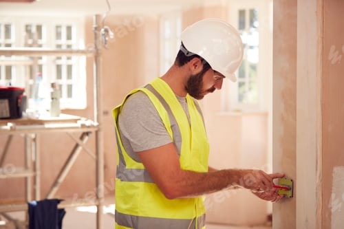 Preview: Electrician Wearing Hard Hat Fitting Light Switch At New Build Property