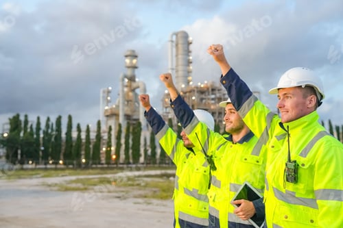 Preview: Refinery industry engineer are working and discussing at front oil and gas industrial factory,