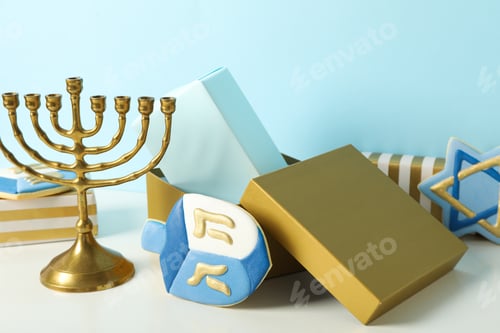 Preview: Hanukkah and box with gingerbread cookies on blue background