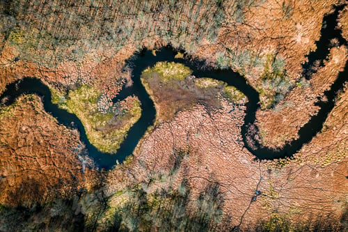 Preview: Winding small river between brown swamps, aerial view