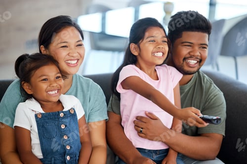 Preview: Happy family, watching tv and television on sofa in living room, internet streaming video or funny