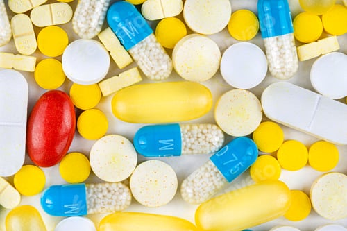 Preview: Background made of different kinds of colorful pills and tablets, macro shot, top view