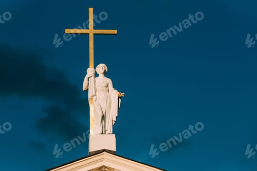 Preview: Vilnius, Lithuania. Close View Of Statue Of St. Helena With Cros