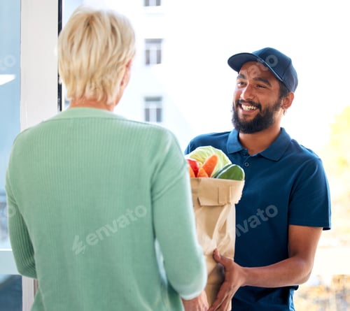 Preview: Courier, food and smile for customer, groceries and fresh produce from online shopping. Happy deliv