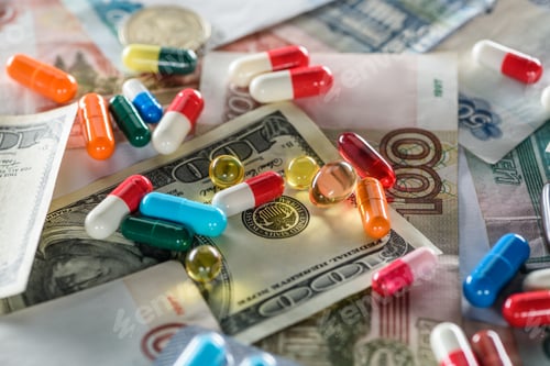Preview: close up of multicolored pills of different shapes on cash background