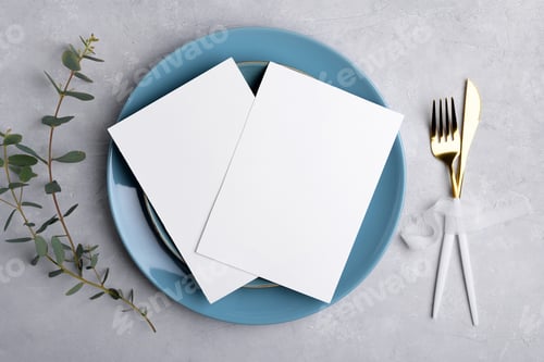 Preview: Two Wedding invitation card mockup 5x7 on grey background with table setting