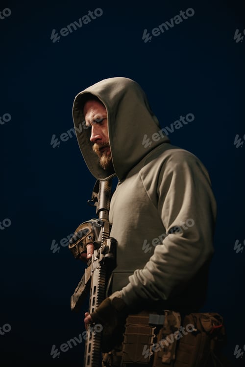 Preview: Ukrainian defender holding his rifle on a dark background