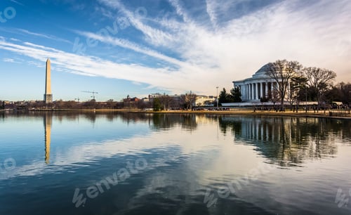Preview: The Washington Monument And Thomas Jefferson Memorial Reflecting In The Tidal Basin, Washington, Dc.