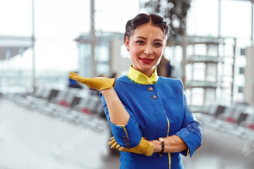 Preview: Joyful flight attendant standing in airport terminal