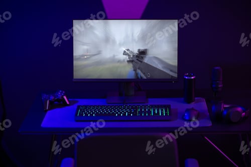 Preview: Professional LED lid e-sport gaming studio with first-person shooter online video game on computer