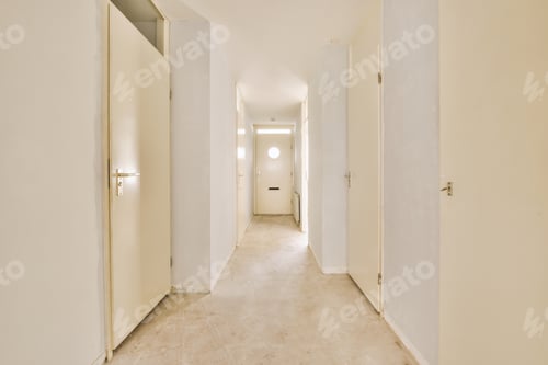 Preview: Doorway of modern apartment with white walls and parquet floor