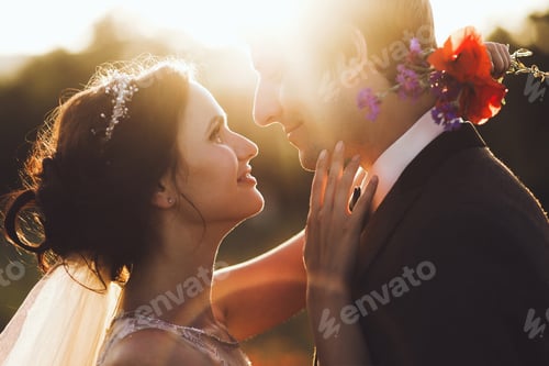 Preview: Sunshine portrait of happy bride and groom outdoor in nature location at sunset. Warm summertime