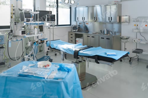 Preview: Close-up of empty surgical room with bed.