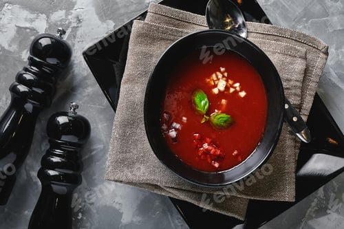 Preview: Tomato soup in a black bowl on a gray stone background. View from above. Copy space. Gray background