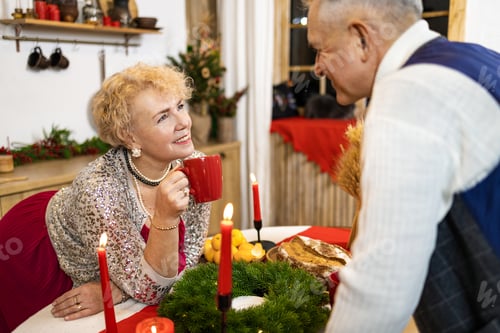 Preview: Senior couple sitting at a table by nicely decorated Christmas tree, having fun at Christmas dinner