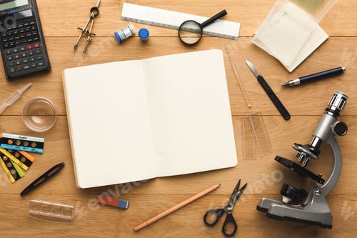 Preview: Desktop with various stationery for school education, top view