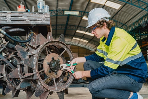 Preview: professional business industry technician wearing safety helmet working to maintenance service