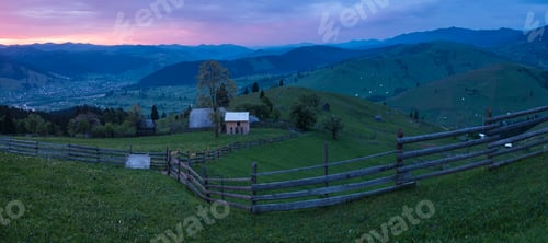 Preview: Bukovina Region (Bucovina) landscape at sunrise, Paltinu, Romania