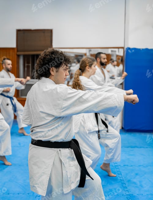 Preview: Young karate student practicing martial arts in dojo with group training