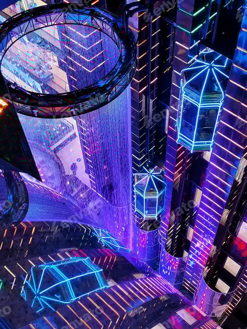 Preview: abstract background of modern shopping mall with bright purple neon lighting indoors