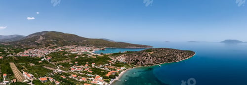 Preview: Aerial, drone panoramic view of Ancient Epidaurus bay at Peloponnese, Greece.