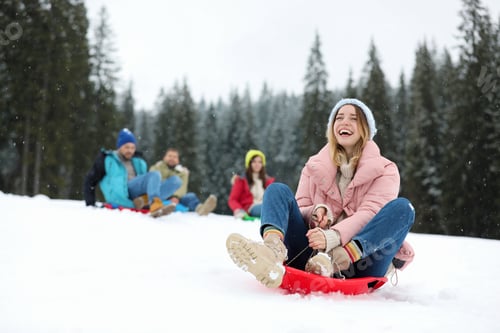 Preview: Happy friends sliding on sleds outdoors. Winter vacation