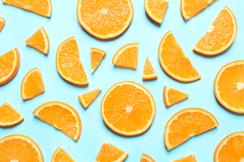 Preview: Flat lay composition with orange slices on color background