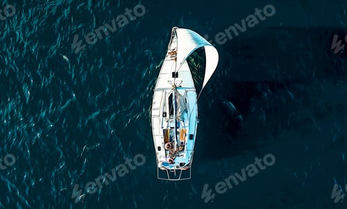 Preview: oil paint of aerial boat in the sea on a summer day during vacation holiday