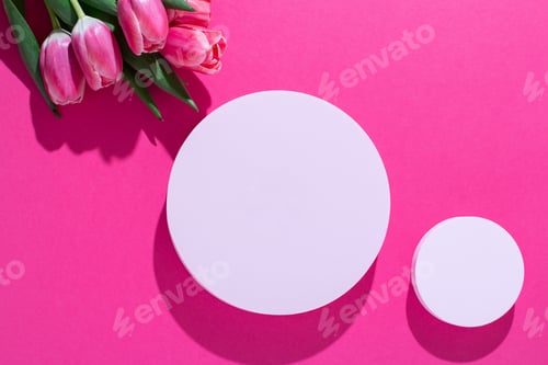 Preview: Pink podium for product display on pink with tulips flowers in hard light
