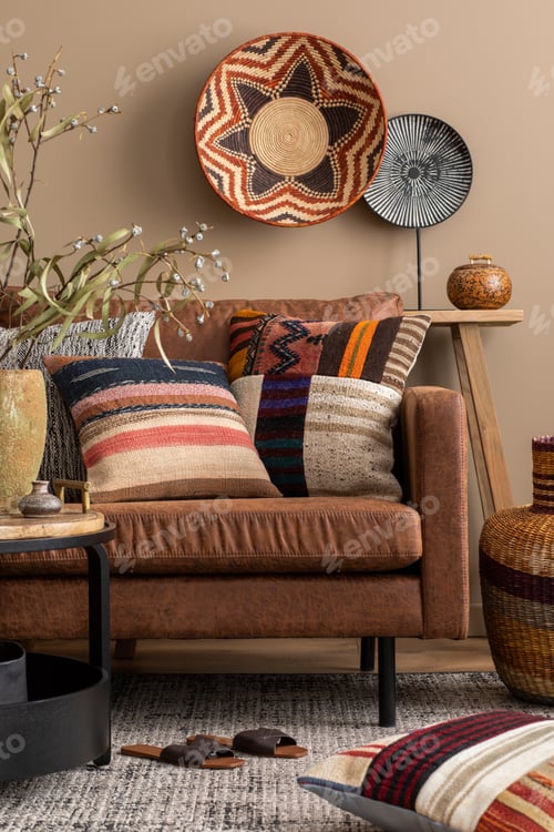 Preview: Warm and cozy living room interior with colorful pillows, personal accessories. Home decor. Template