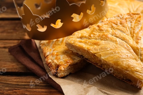 Preview: Traditional galette des Rois with paper crown on wooden table, closeup