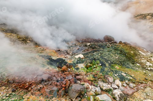 Preview: Mysterious view of volcanic landscape, hot spring, eruption fumarole, gas-steam activity in crater