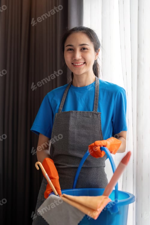 Preview: Cleaning product, and basket with woman asian staff cleaning service in bedroom to clean bacteria