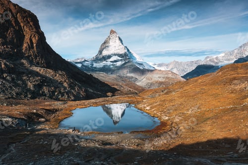 Preview: Riffelsee lake and Matterhorn mountain reflection at Switzerland