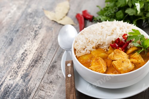 Preview: Massaman curry isolated on white background. Traditional Thai food recipe
