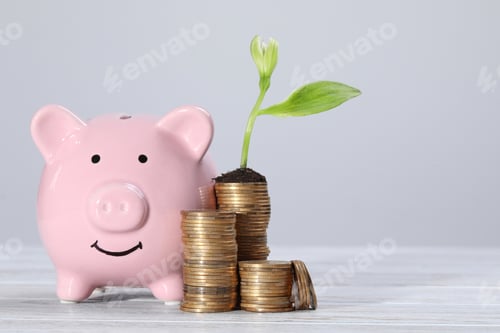 Preview: Stacks of coins with flower and piggy bank on white wooden table, space for text. Investment concept