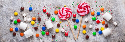 Preview: Sweet background with lollipop, candy and marshmallow