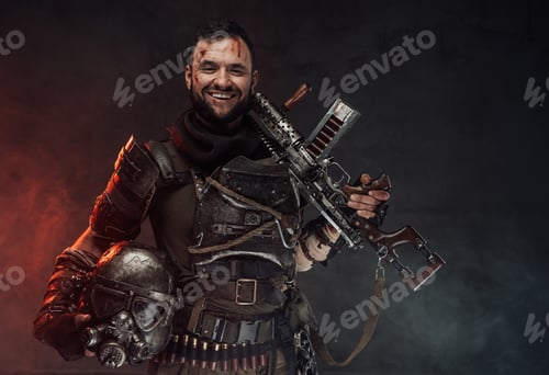Preview: Joyful and happy survivor armed with shotgun in dark background