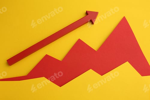 Red Arrow and Line Graph on Yellow Background