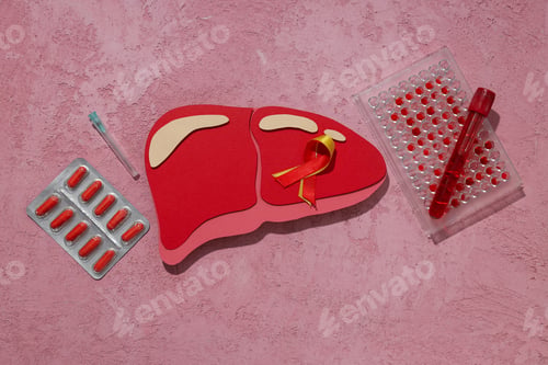 Preview: Paper liver, pills and test tubes on pink background, top view
