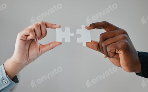 Preview: People, hands and puzzle piece for teamwork for business collaboration for startup company, grey ba