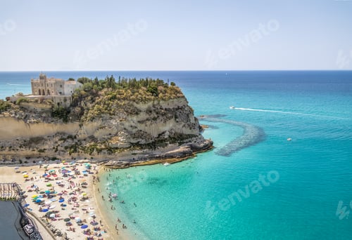 Preview: Aerial view of Tropea Beach and Santa Maria dell'Isola, Church - Tropea, Calabria, Italy
