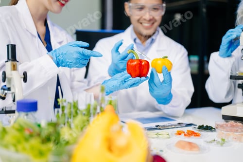 Preview: Dynamic scene of food scientists using microscopes and pipettes in a lab,