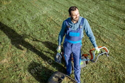 Preview: Gardener working with lawn mower on the backyard