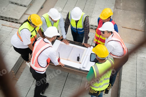 Preview: Construction engineers, architects, and foremen form a group. Participate in a meeting