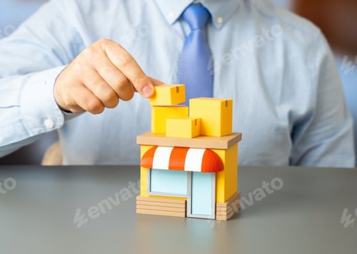 Preview: A man stacks boxes at a store. Delivering goods and replenishing inventory