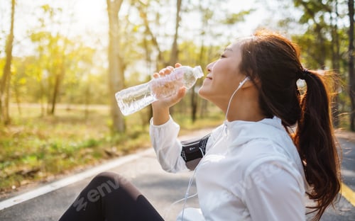 Preview: Closeup image of an asian female runner drinking water from bottle after jogging in city park