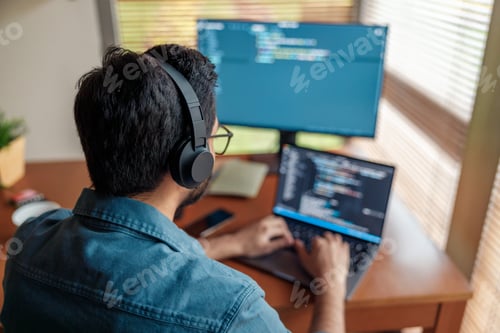 Preview: Male freelancer making new project as web designer or programmer on his computer at home office