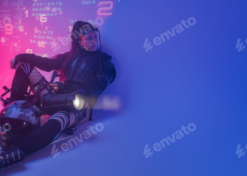 Preview: Futuristic Woman with Projector and Helmet in Digital Symbol Environment